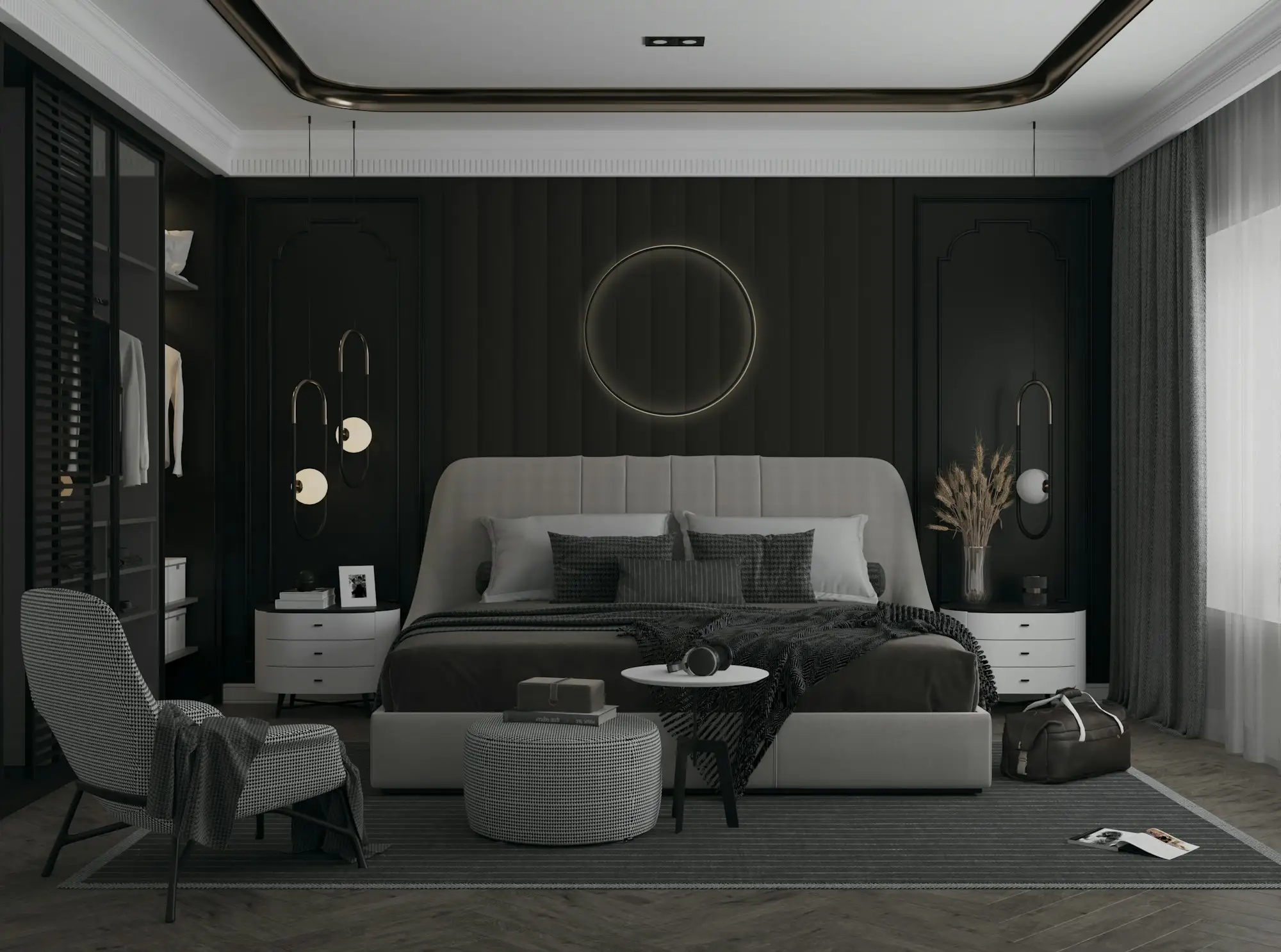 Habitación con cabecero tapizado, paneles oscuros y aro de luz sobre la cama